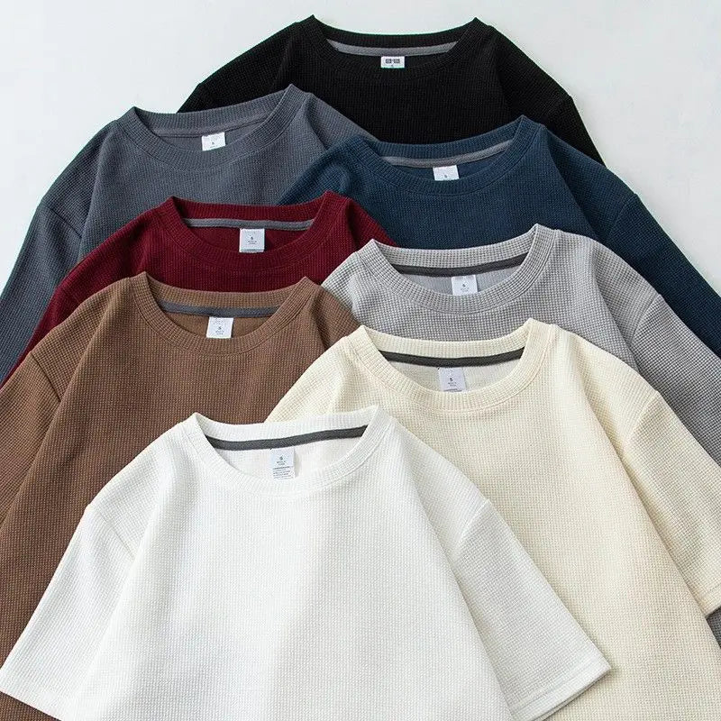 Waffle Short Sleeved T-shirt for Men and Women Summer Japanese Round Neck Half Sleeved Top Loose Casual Solid Color T-shirt